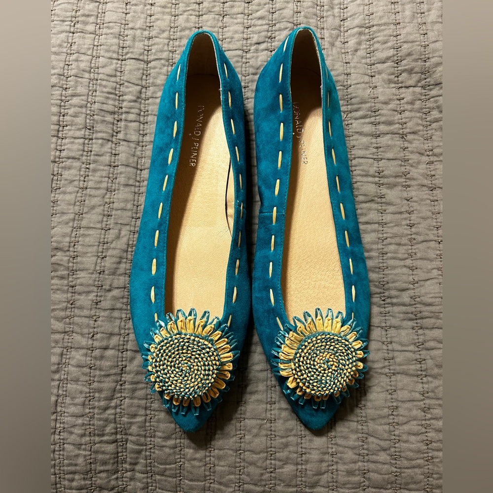 Donald J. Pliner Teal Pointed-Toe Flats with Gold Embellishment